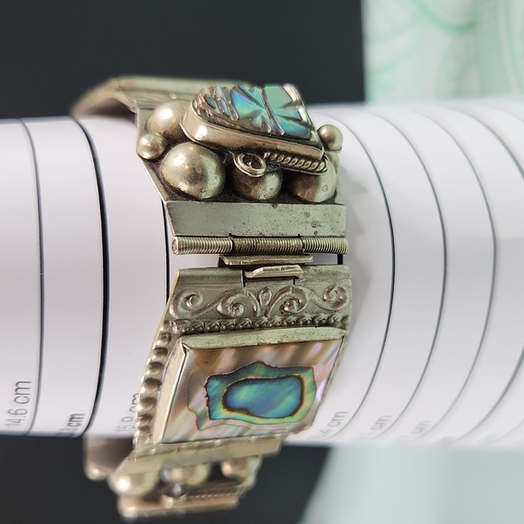 Vintage Taxco Mexico Sterling Panel Bracelet Abalone Mother of Pearl MOP - Picture 10 of 12